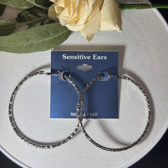 Sensitive Ears Silver Tone Textured 3 inch Hoop Earrings - Picture 1 of 9